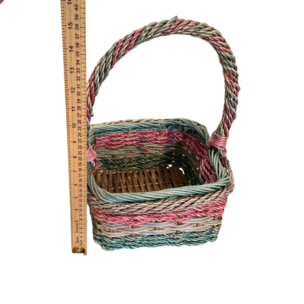 Vintage Woven Wicker Basket Square Multi Color Green Pink Brown 15x11x11
